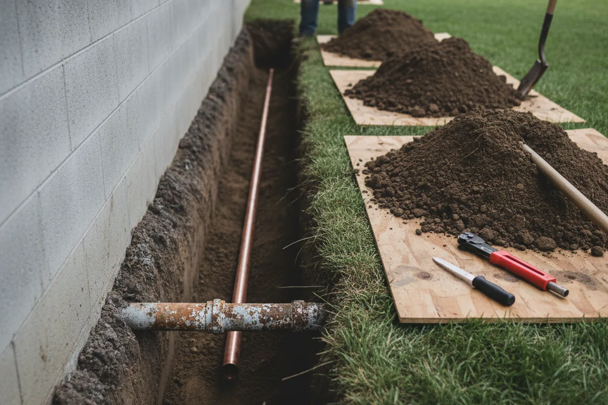 Excavated water line trench during Water Softener Installation in Miamitown